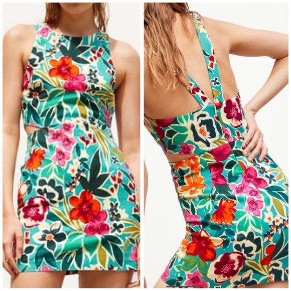 Zara Bold Tropical Floral Sleeveless Cut Out Skort Romper Mini Dress - Picture 4 of 15
